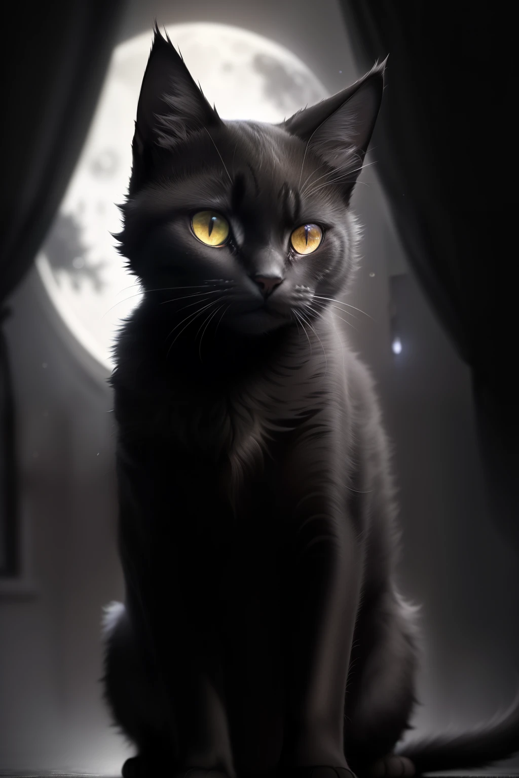 In the heart of the night, a singular black cat emerges from the shadows, its silhouette stark against the moonlit backdrop. The photograph captures its every contour in exquisite detail, from the gleam of its piercing eyes to the thick, lustrous fur that ripples as it moves. In this realistic black-and-white image, the black cat exudes an aura of mystery and intrigue, as if holding back an untold story within its enigmatic gaze.