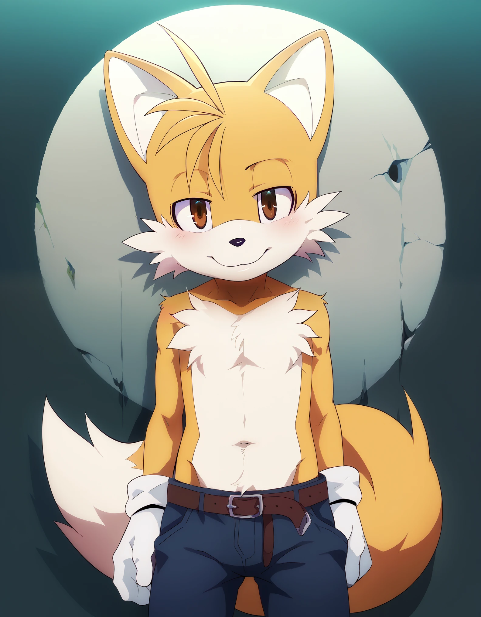 score 9 up, score 8 up, score 7 up, source_furry, rating_safe, solo, tails (sonic), furry male, fox boy, fox tail, orange fur, smile,  looking at viewer, five fingers,