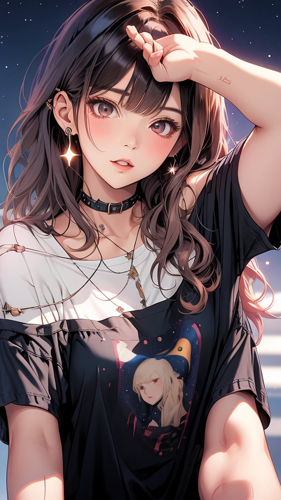 masterpiece, Highest quality, Pixiv, Cool girl, Dark pink brown hair, Curly Hair, Blunt bangs, Straight bangs, Grey Eyes, White skin, Gal,Off-the-shoulder white T-shirt、 Improve、Face close-up、Midnight starry sky background