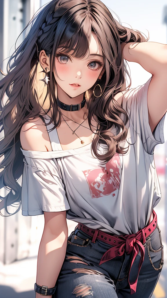 masterpiece, Highest quality, Pixiv, Cool girl, Dark pink brown hair, Curly Hair, Blunt bangs, Straight bangs, Grey Eyes, White skin, Gal,Off-the-shoulder white T-shirt、 Improve、Face close-up、Midnight starry sky background
