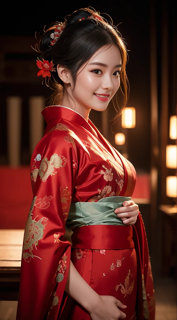 8kウルトラHD, Digital SLR,Film Grain, Fujifilm XT3,(Highest quality:1.3), (masterpiece:1.1), High resolution, Cinematic Light, Intricate details, (Realistic) (Night view) Realistic backlight、Dramatic reddish light、Beautiful Japanese Geisha full body photo, ((Facial texture Pore details)), Grin、Devilish smile, Shimada hairstyle, She wears a red satin kimono decorated with traditional dragon motifs..., , 8k, Front blur