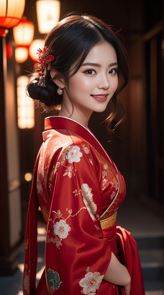 8kウルトラHD, Digital SLR,Film Grain, Fujifilm XT3,(Highest quality:1.3), (masterpiece:1.1), High resolution, Cinematic Light, Intricate details, (Realistic) (Night view) Realistic backlight、Dramatic reddish light、Beautiful Japanese Geisha full body photo, ((Facial texture Pore details)), Grin、Devilish smile, Shimada hairstyle, She wears a red satin kimono decorated with traditional dragon motifs..., , 8k, Front blur