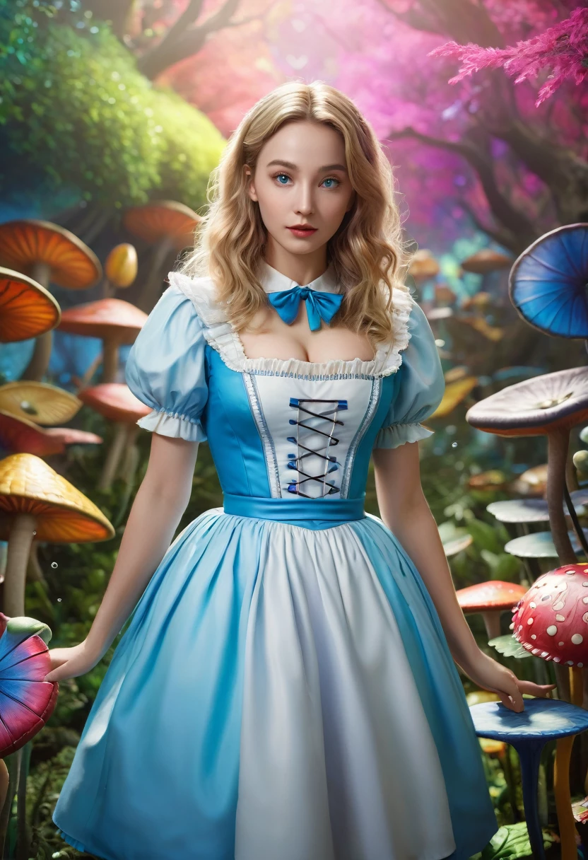 Alice in Wonderland as an adult, (high quality, 4K, 8k, High resolution, masterpiece:1.2), Very detailed, (Realistic, photoRealistic, photo-Realistic:1.37), High resolution, 超High resolution, ((Full body wide shot)), Dynamic sexual poses to seduce men, Eyes that seduce men, Studio Lighting, Ultra-fine painting, Waist Sharp Focus, Physically Based Rendering, Very detailed説明, Professional, Vibrant colors, Bokeh, Fantasy, Vibrant colors, Dreamy atmosphere, Magic, Whimsical, Surreal, pastel colour, Fascinating lighting,realism, Browsing Caution