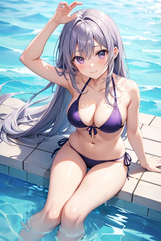 Anime Girl 2d Long Hair Loose light Purple-Grayish, Age Adulthood adult, in cute bikini in a swimming pool having fun, (good hands)
