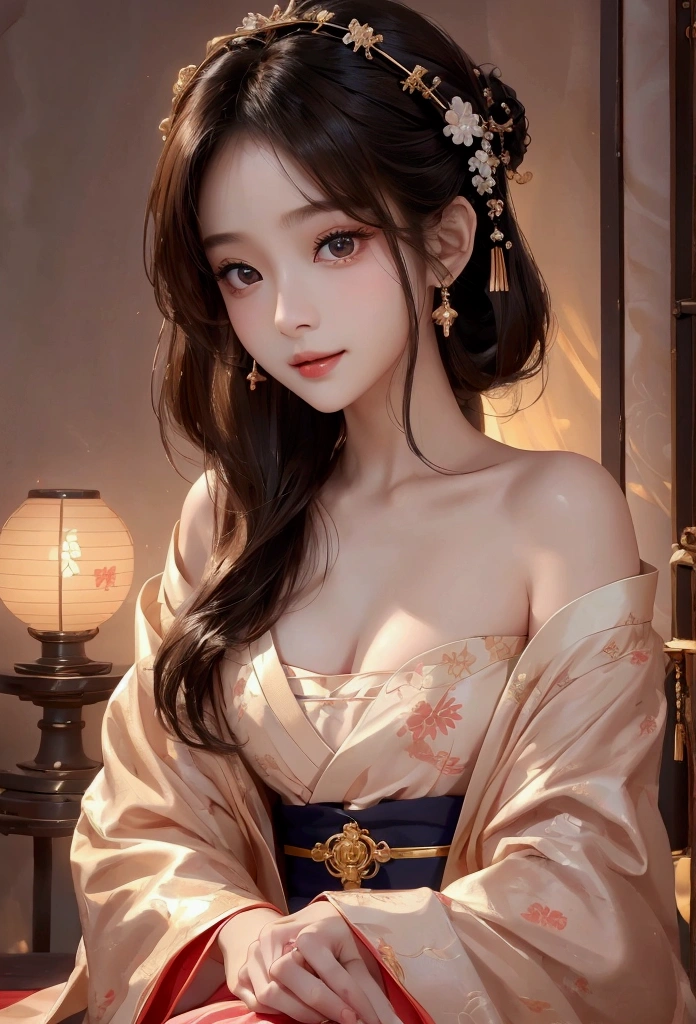 Best image quality、8k、masterpiece：1.3))、Realistic high-quality photos、Highest quality、 Beautiful face、Photos of slim models、Beautiful girl model、Young and pretty face、Beautiful model girl、A lovely and delicate face、Black Hair、Beautiful brown eyes、Young Body、Hanfu, (emphasize)、from the front、Camera gaze,、Anatomically correct、胸の谷間をemphasize、whole body、13-year-old female model、smile、Japanese women、Correct finger、Correct finger