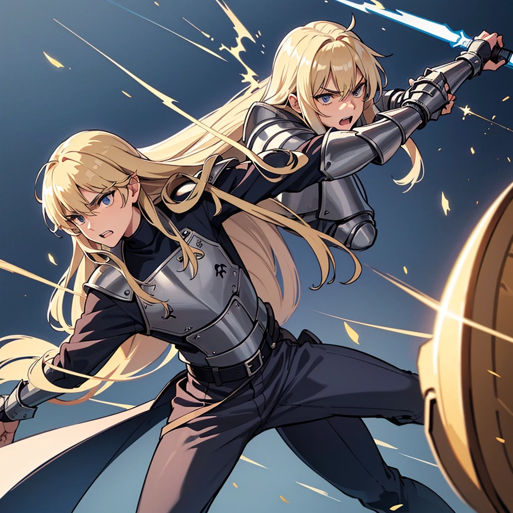 (Solo)、(Full body character concept)、Highest quality, Best Quality, Best illustrations, (((Grey Armor)))、(((Blond long hair man、Long-haired man、male、24-years-old、Cool guy)))、(Medieval Knight)、(Navy blue trousers)、(get annoyed、Clench your teeth)、(Living in the desert)、(White background)、Run、(front)、(Grab the sword)、(attack、Same angle、Deathblow、sparks)、Fighting stance