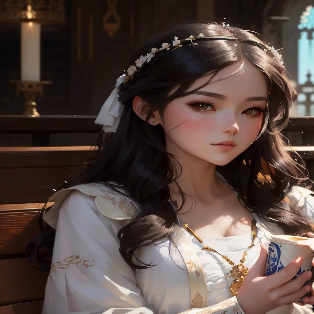there is a young woman sitting on a bench holding a cup, artwork in the style of guweiz, palace , a girl in hanfu, in the art style of bowater, detailed portrait of anime girl, beautiful anime portrait, soft portrait shot 8 k, with long hair and piercing eyes, realistic young anime girl, 8k portrait render, trending on cgstation