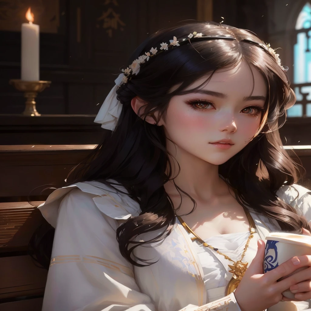 there is a young woman sitting on a bench holding a cup, artwork in the style of guweiz, palace ， a girl in hanfu, in the art style of bowater, detailed portrait of anime girl, beautiful anime portrait, soft portrait shot 8 k, with long hair and piercing eyes, realistic young anime girl, 8k portrait render, trending on cgstation