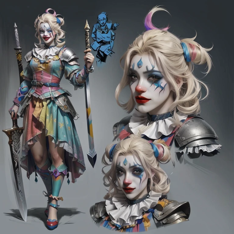 a close-up of a person with clown makeup and a sword, character design art, interesting character design, comic character design, character design concept art, high-quality character design, colorful concept art, stunning character art, concept art character, character design contest winner, character designs painting, Amazing 8K character concept art, great character design, cinematic character concept art