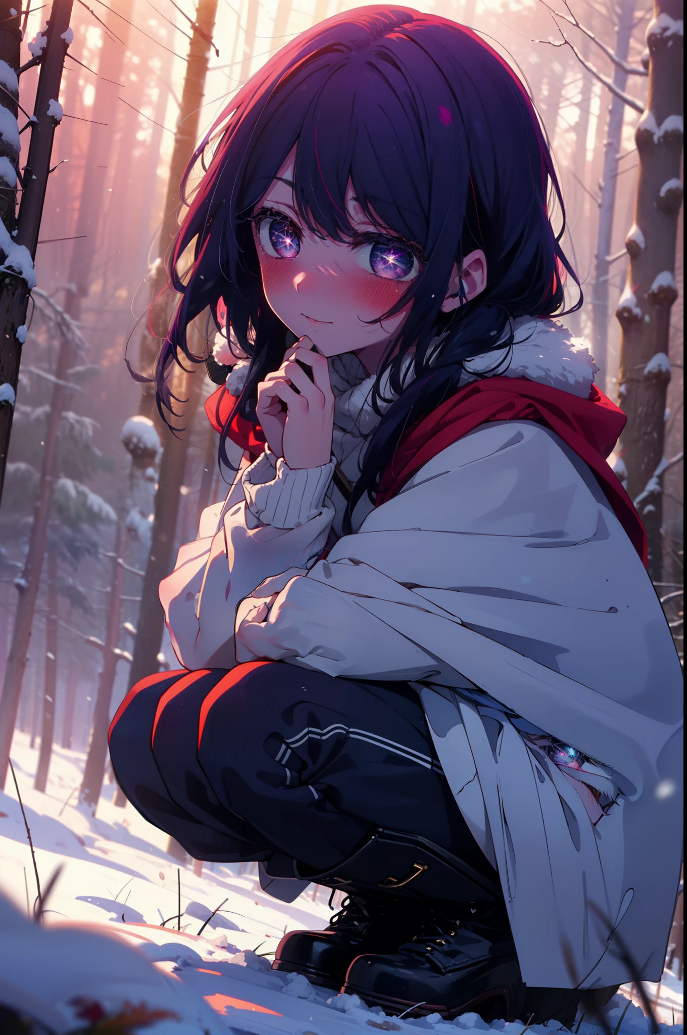 aihoshino, Ai Hoshino, Long Hair, bangs, (Purple eyes:1.1), Purple Hair, (Symbol-shaped pupil:1.5), smile,,smile,blush,white breath,
Open your mouth,snow,Ground bonfire, Outdoor, boots, snowing, From the side, wood, suitcase, Cape, Blurred, , forest, White handbag, nature, Squat, Mouth closed, Cape, winter, Written boundary depth, Black shoes, red Cape break looking at viewer, Upper Body, whole body, break Outdoor, forest, nature, break (masterpiece:1.2), Highest quality, High resolution, unity 8k wallpaper, (shape:0.8), (Beautiful and beautiful eyes:1.6), Highly detailed face, Perfect lighting, Extremely detailed CG, (Perfect hands, Perfect Anatomy),