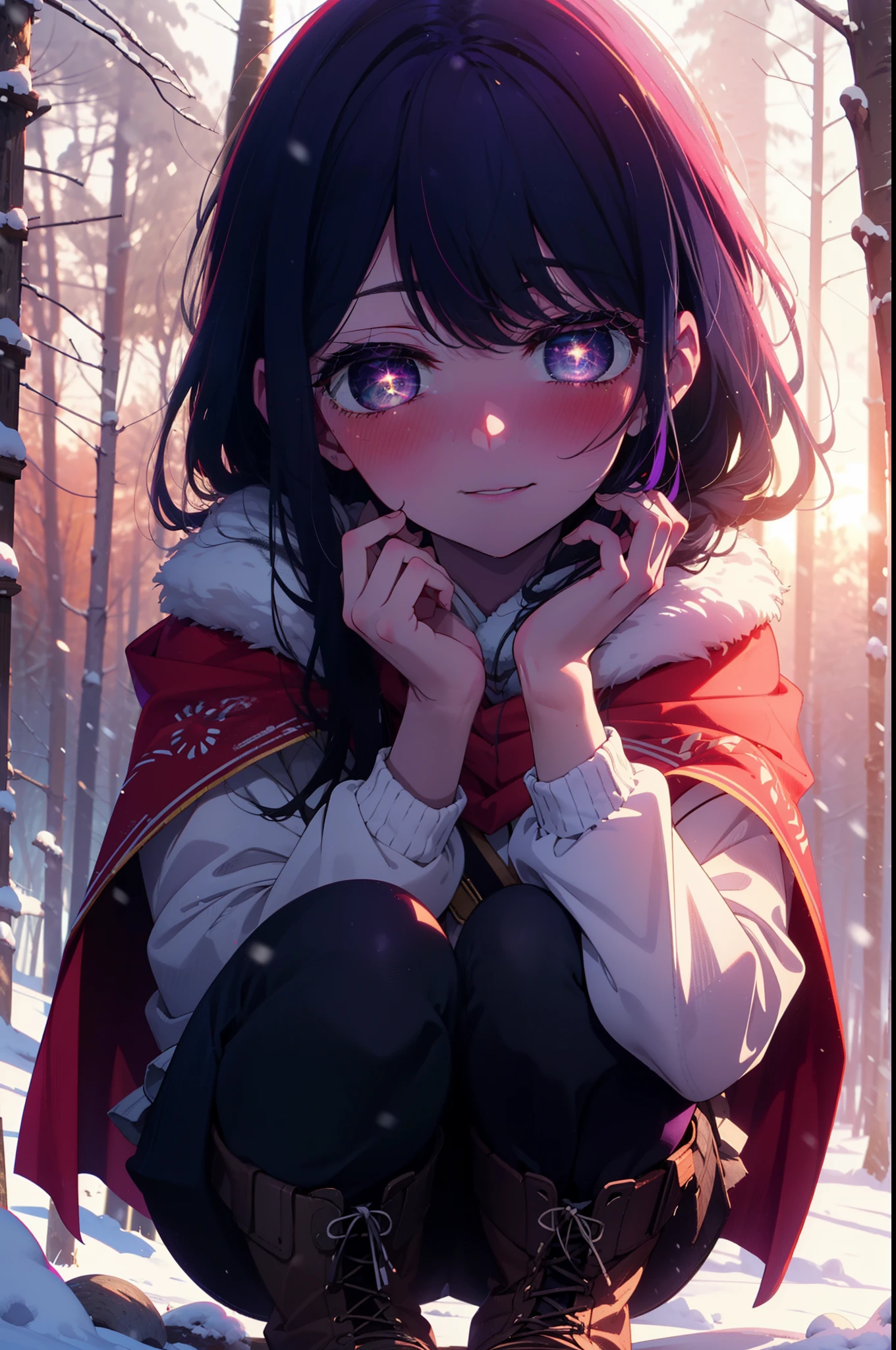 aihoshino, Ai Hoshino, Long Hair, bangs, (Purple eyes:1.1), Purple Hair, (Symbol-shaped pupil:1.5), smile,,smile,blush,white breath,
Open your mouth,snow,Ground bonfire, Outdoor, boots, snowing, From the side, wood, suitcase, Cape, Blurred, , forest, White handbag, nature,  Squat, Mouth closed, Cape, winter, Written boundary depth, Black shoes, red Cape break looking at viewer, Upper Body, whole body, break Outdoor, forest, nature, break (masterpiece:1.2), Highest quality, High resolution, unity 8k wallpaper, (shape:0.8), (Beautiful and beautiful eyes:1.6), Highly detailed face, Perfect lighting, Extremely detailed CG, (Perfect hands, Perfect Anatomy),