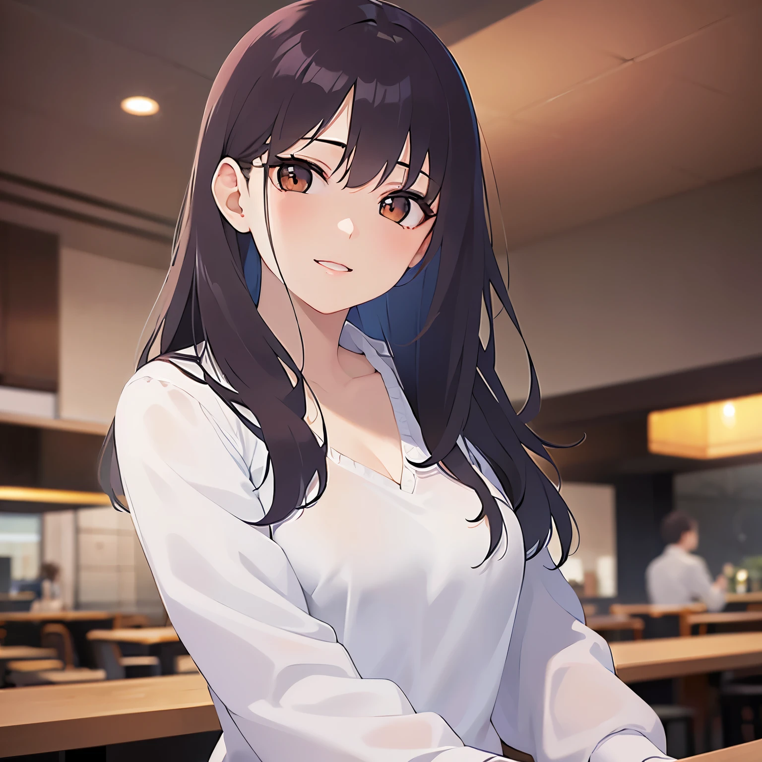 （looking at viewer:1.5）,Upper Body, head tilt,having dishes,
 Realistic, real person, (pale skin: 1.2), RAW photo, photorealistic, shiny skin, shiny hair、
(A 25-year-old woman with medium-length hair and bangs) and (wavy hair) and (brown hair) and (orange eyes) 、
smile, Wearing a white V-neck long sleeve 、The background is the interior of a restaurant at night.
