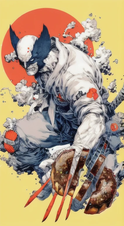wolverine slicing donuts by matto, jamie hewlett art, greg tocchini, artist katsuhiro otomo, jean-sebastien rossbach, by Jamie Hewlett, yoji shinkawa and geof darrow, afro samurai manga style, genzoman, shohei otomo, inspired by Jamie Hewlett, striking detailed artstyle