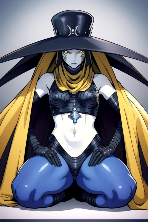 Masterpiece, best quality, Scathach, solo, female1, shin megami tensei, cape hat, flower tattoo, gloves, white skin, (yellow eyes 1.1), flowing, sitting, bodysuit, From Behind, From Below, cape infront, beautiful cape,