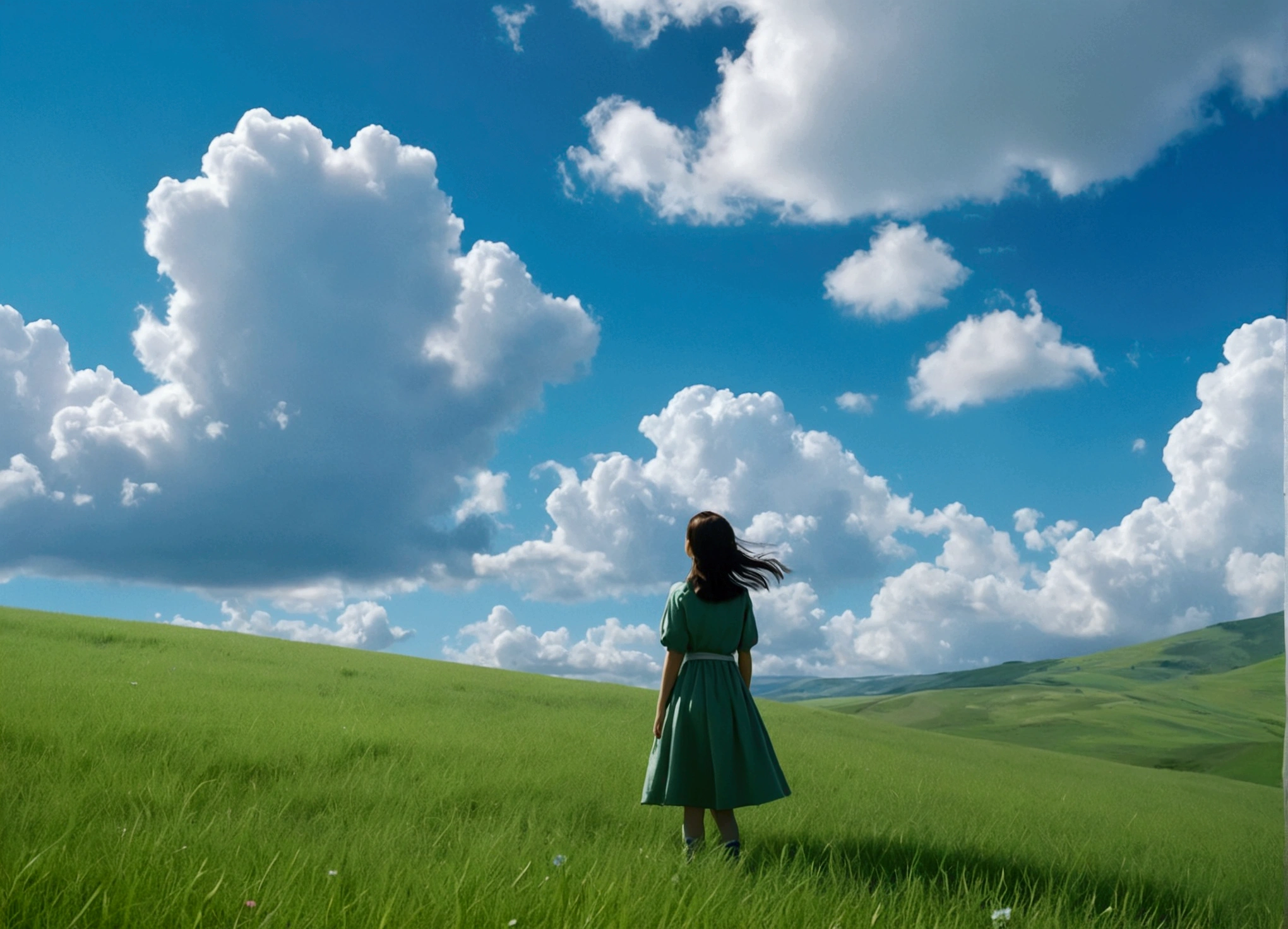 A girl quite far away, look up, , A magnificent composition, Green grassland, the wind is strong, blue sky, Beautiful Clouds, sunny light, Absurd, High resolution, Super sharp, 8k, masterpiece, Ghibli style, Shooting with a digital SLR