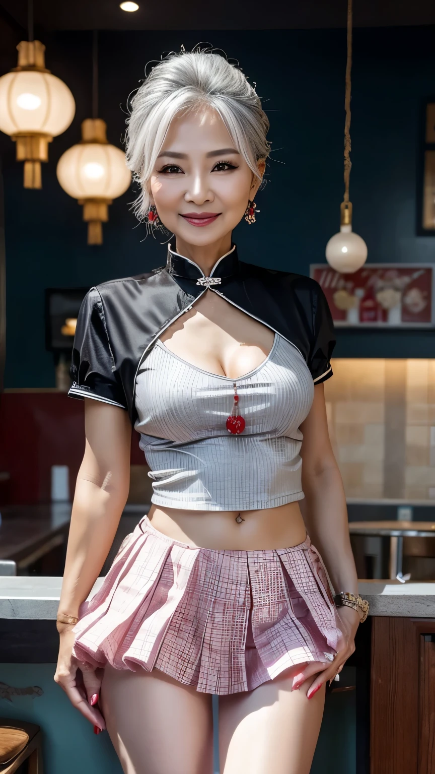 75 years old mom milf Chinese Lady large earring Big choker navel piercing decoration A bracelet Silver Hair realisitic Gorgeous Madame Beautiful Mature Woman sexly Smile Gentle woman navel piercing 4K High quality gorgeous madam beautiful mature woman