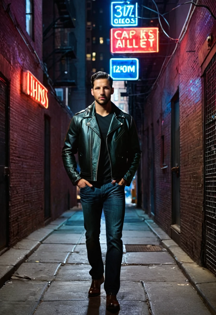 1 male, 32 years old, undercover, detective, full body, back to camera, alley, new york, leather jacket, at night, neon sign light, deep shadow, photorealistic