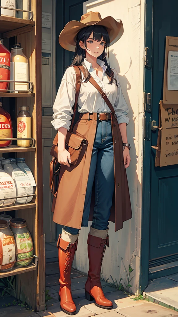 A cowboy-style woman wearing a ten-gallon hat and red boots