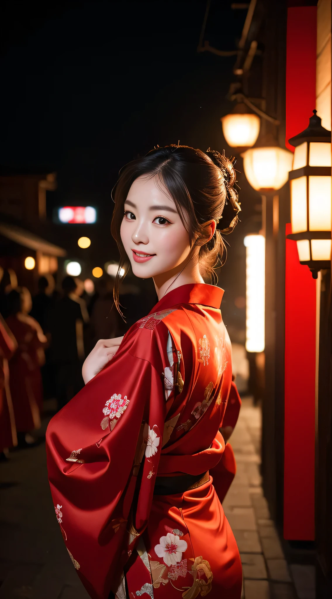 8kウルトラHD, Digital SLR,Film Grain, Fujifilm XT3,(Highest quality:1.3), (masterpiece:1.1), High resolution, Cinematic Light, Intricate details, (Realistic) (Night view) Realistic backlight、Dramatic reddish light、Beautiful Japanese Geisha full body photo, ((Facial texture Pore details)), Grin、Devilish smile, Shimada hairstyle, She wears a red satin kimono decorated with traditional dragon motifs..., , 8k, Front blur