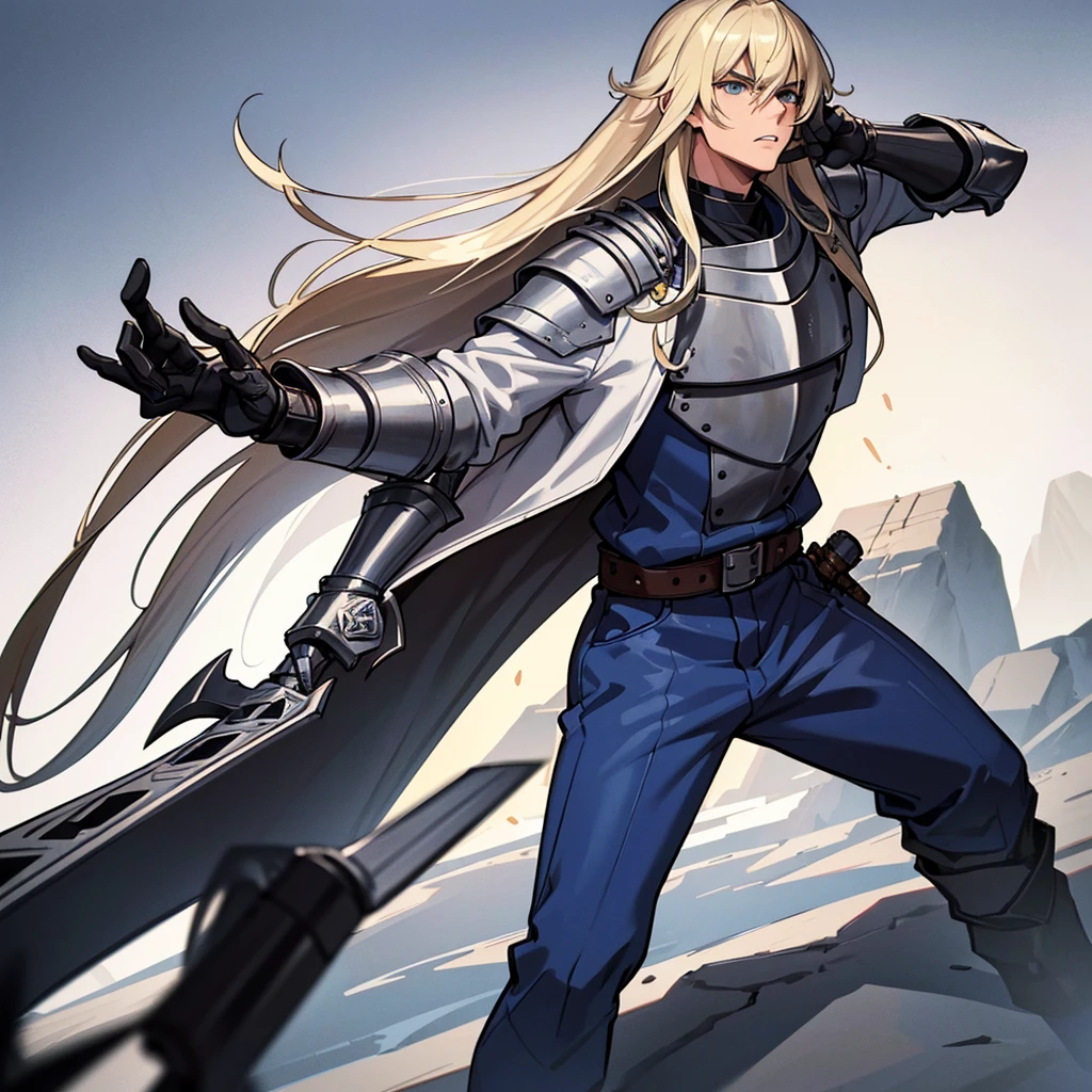 (Solo)、(Full body character concept)、Highest quality, Best Quality, Best illustrations, (((Grey Armor)))、(((Blond long hair man、Long-haired man、male、24-years-old、Cool guy)))、(Medieval Knight)、(Navy blue trousers)、(get annoyed、Clench your teeth)、(Living in the desert)、(White background)、Run、(Grab the sword)、(attack、Same angle、Deathblow、sparks)、Fighting stance