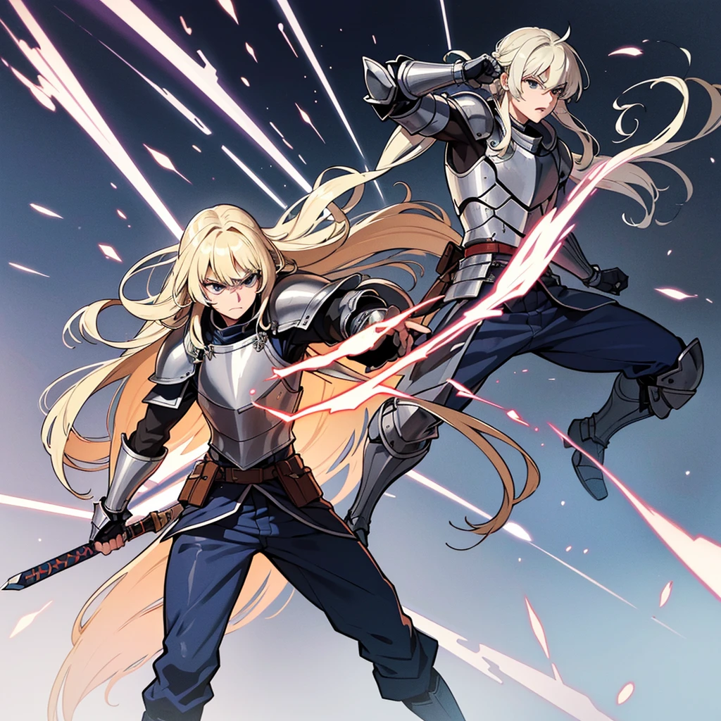 (Solo)、(Full body character concept)、Highest quality, Best Quality, Best illustrations, (((Grey Armor)))、(((Blond long hair man、Long-haired man、male、24-years-old、Cool guy)))、(Medieval Knight)、(Navy blue trousers)、(get annoyed、Clench your teeth)、(Living in the desert)、(White background)、Run、(Grab the sword)、(attack、Same angle、Deathblow、sparks)、Fighting stance