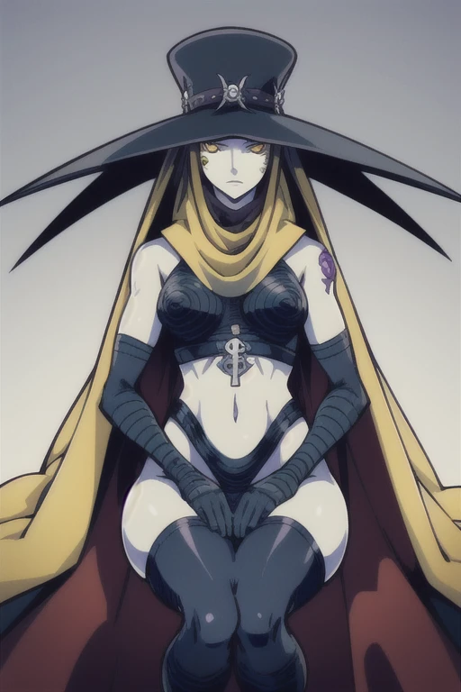 Scathach, hat cape, smile, yellow eyes, white skin, black cape, shin megami tensei, gloves, black shirt, black socks, sitting on the bed, bedroom, best quality, masterpiece 