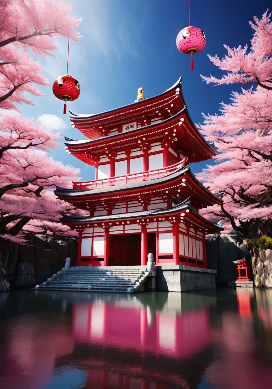 (Futuristic pink daruma)，Japanese shrine sceneryがdarumaを囲んでいる:1.5)，Japanese shrine scenery，,Fantastic, A dreamlike world，kyouto