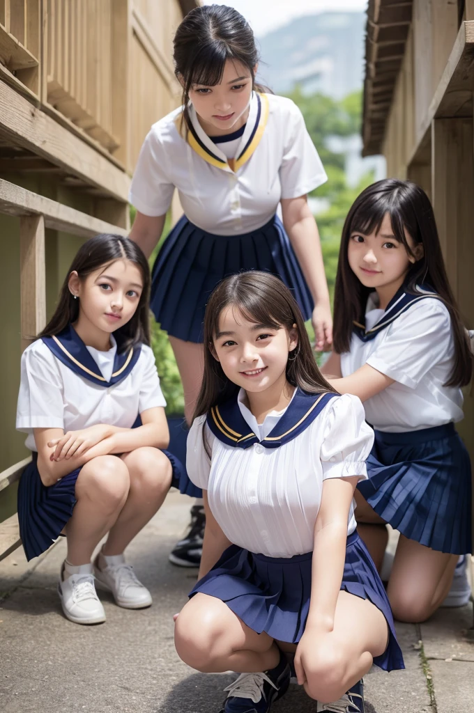 ((masterpiece))、((Highest quality))、photograph、reality、High resolution、Advanced Depth of Field、become close、Realistic lighting、(:1.5)、(Young face:1.5)、(Primary scht)、Delicate facial features、Realistic background and accessories、(Tight buttoned shirt)、(White tight shirt with collar:1.5)、(Navy blue short pleated skirt:1.5)、(Red ribbon at neck:1.2)、Sexy lips、(smile:1.3)、whole body、(Big Breasts:1.2)、Random hairstyle、Everyone wears the same clothes、(Two Girls)、(Crouching with legs apart:1.5)、(Angle from below:1.5)