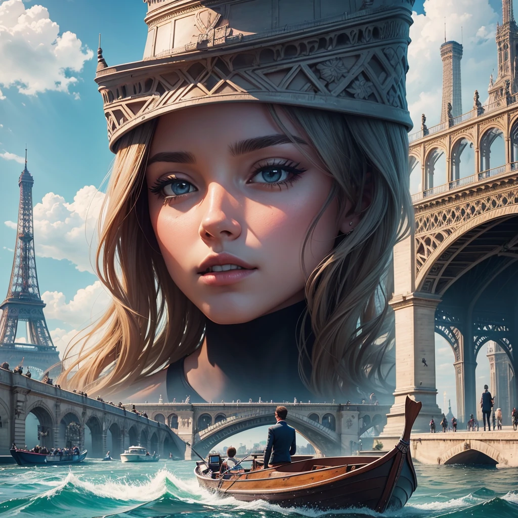 Paris on the Seine,Two people are in a boat on the water, in front of the eiffel tower,2024, summer, Paris Olympics footage, Official Art, poster ; Official Artwork, game promotional poster
