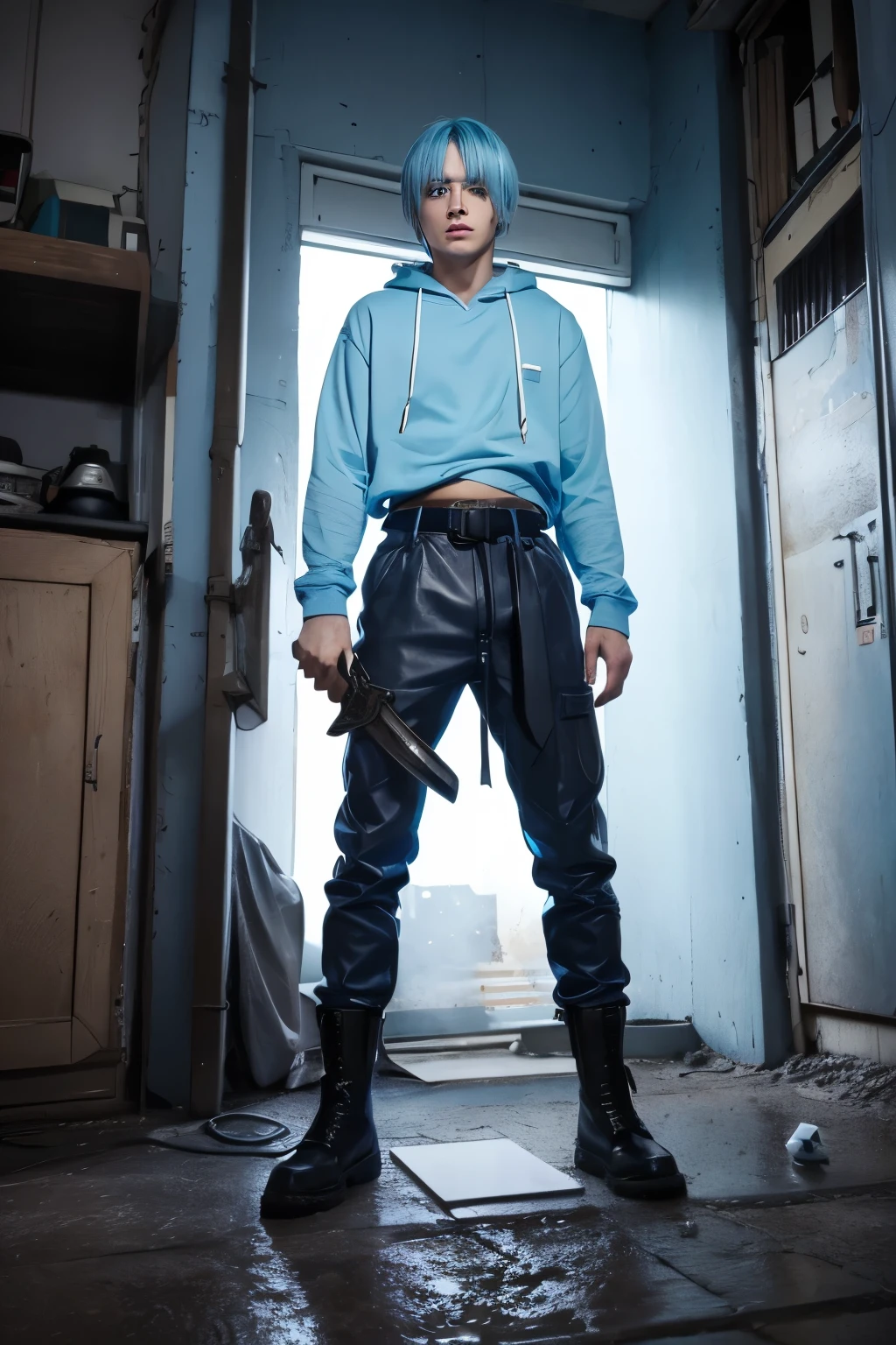 Light blue hair、Light blue eyes、A rust-colored hoodie over a light blue shirt、White belt、Black trousers、Black boots、Blue book in left hand、Sword on the back、Dice Choker、male、