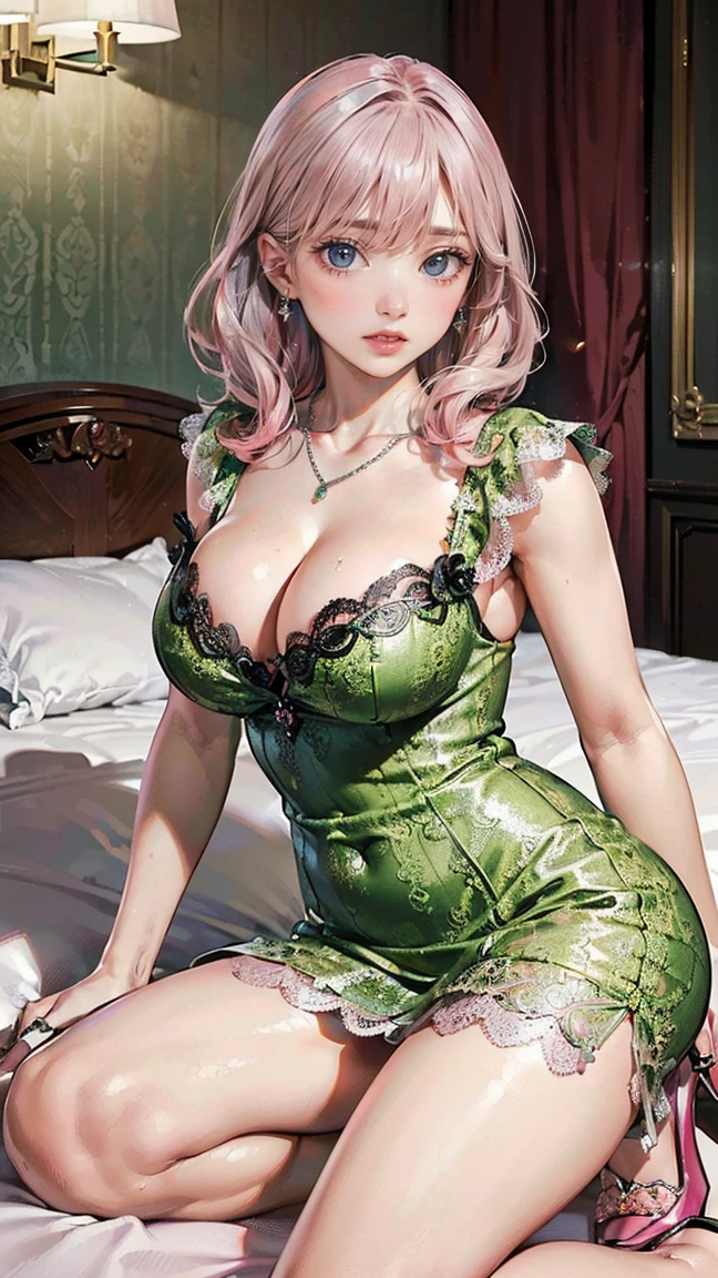 ((Highest quality, 8k, masterpiece :1.3)), (Sharp focus :1.2, Beautiful woman with perfect figure :1.4, Slim Abs), ((Big Breasts, Emphasize cleavage:1.2)), (Photorealistic:1.4), (realistic:1.4), (Pink Hair:1.5), Highly detailed face and skin texture, Fine grain, double eyelid. Makeup face, A little bit of lipstick, sex appeal, Sexy gravure pose, ((A sexy girl in a green lace dress、She is looking provocative in a luxurious hotel room.。Silver earrings and necklaces、She wears high heels that accentuate her beautiful legs.。:1.3))