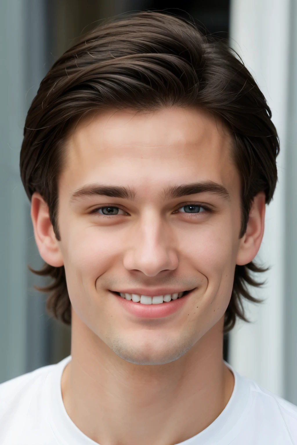 face of young caucasian guy and short black hair and very fair skiand without glasses, with dark gray-blue eyes and straight long thin nose and elongated face with smile on his lips and no beard no mustache