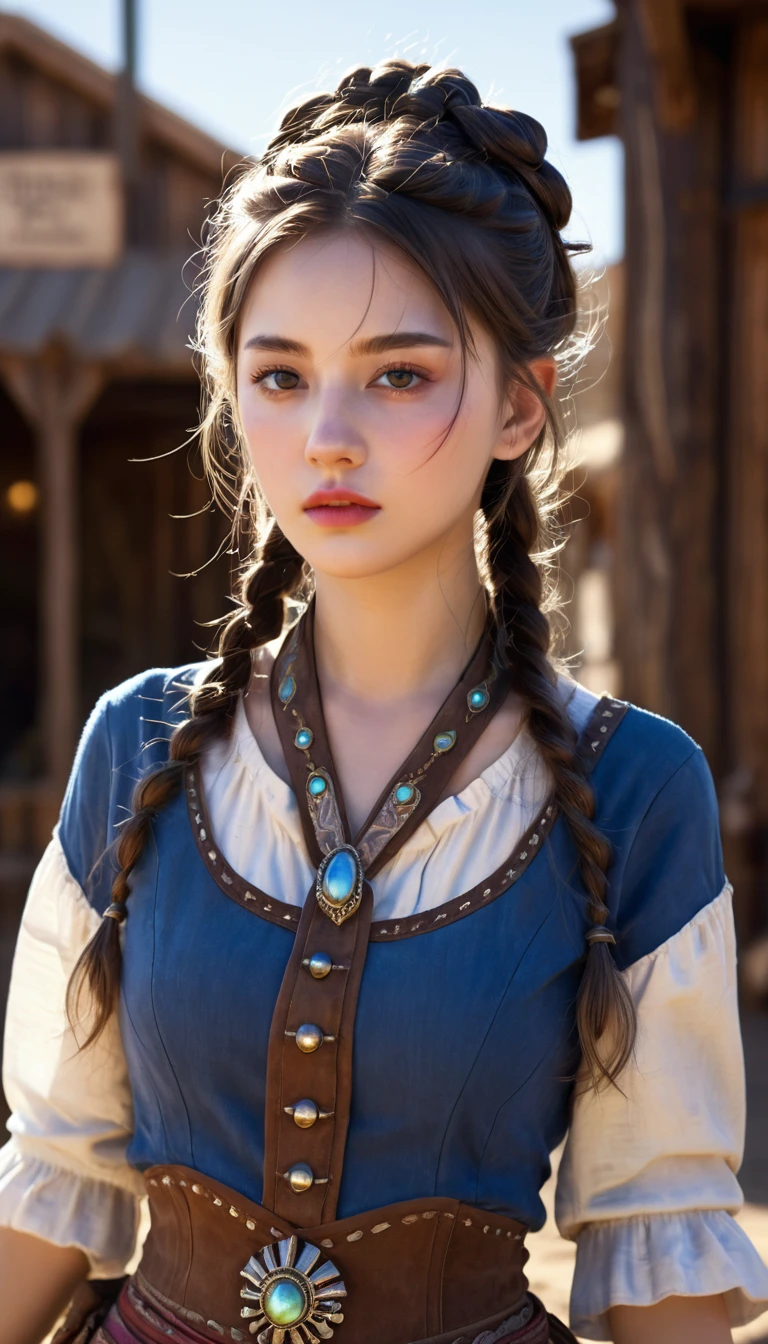 Surreal girl wearing old west clothes, Fantasy Art, Reality, Dynamic Lighting, Art Station, The face is rich in detail, 4K, The award-winning,