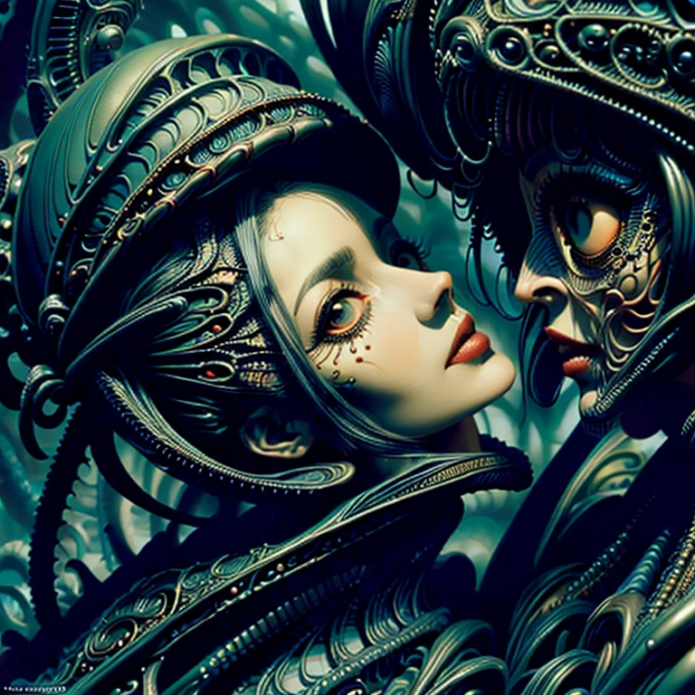 Surreal portrait of a female necromancer raising an army of demons, masterpiece, (Beautiful and big eyes:1.1), Exquisite detail, Very complex iris, close, By h.R. Giger, By Milo Manara