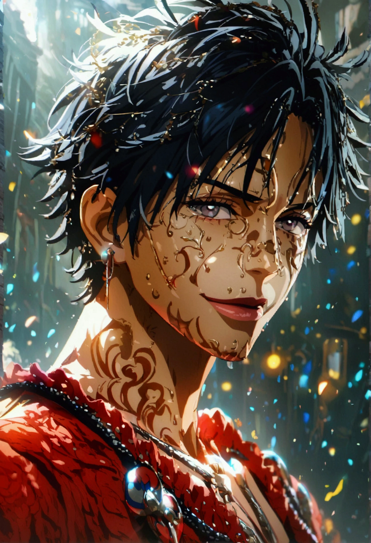 Young man, gray eyes, neat short hair, metal neck brace, presenter outfit, captivating smile, holding a microphone, "Anime character design inspired by One Piece, full of dramatic and impressive lighting, focus on the centralized character, impressive face, full of creative details, ultra-fine 4K design, scenery bathed in creativity, boasting 2D anime resolution clarity, HD anime graphics, high-octane rendering"