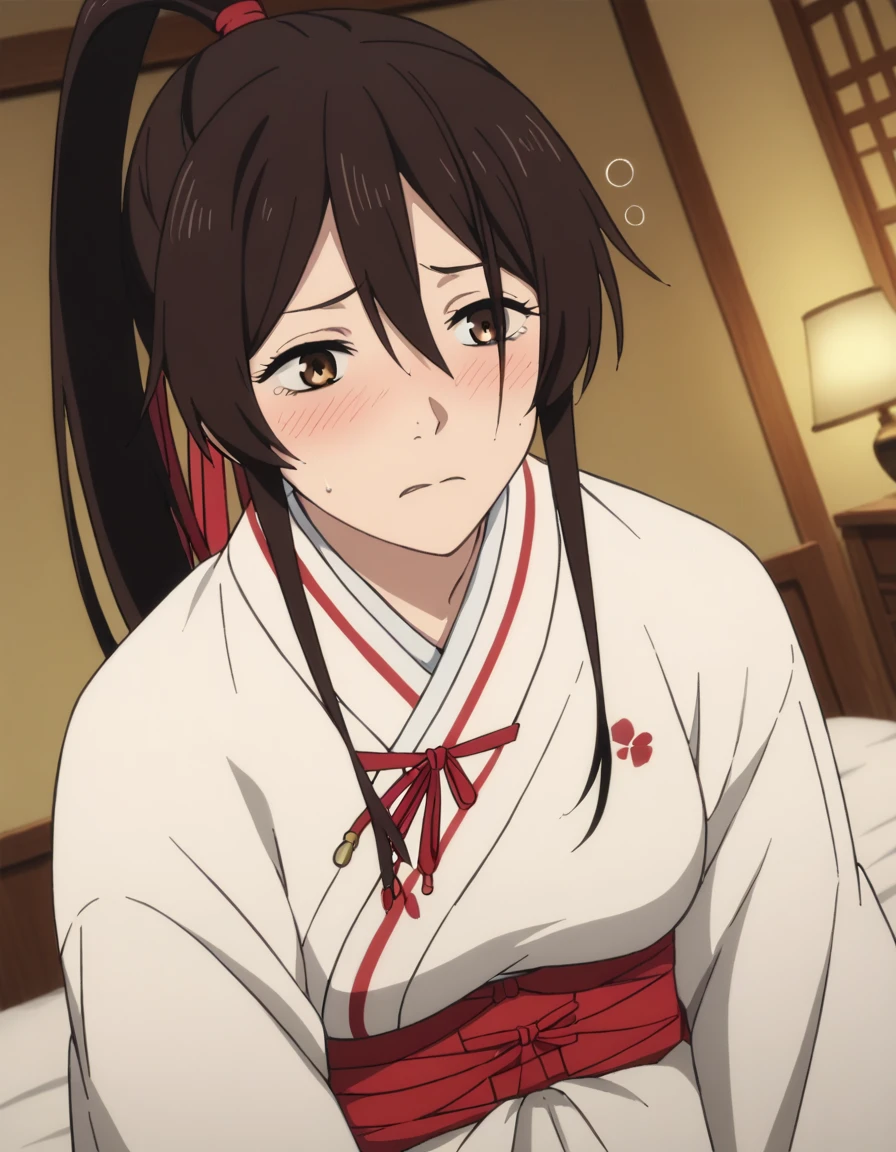 score_9, score_8_superior, score_7_superior, sauce_anime,
Sagiri Yamada Asaemon, Sagiriyamada Asaemon, Long Hair, Black Hair, ponytail, high ponytail, Brown eyes,
kimono, kimono, In the same way,
indoor, bed, bed room, ~ side, blush, Drunk,
alone, Dutch Angle, View your viewers, Cowboy Shot,