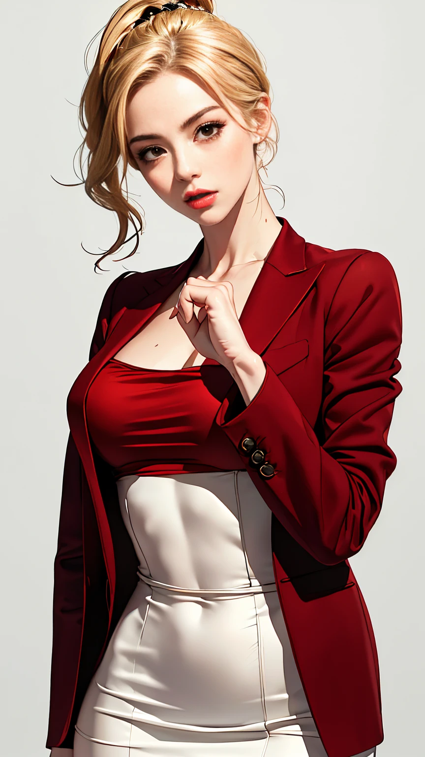 (Best quality, 4K, high resolution, masterpiece:1.2), ultra-detailed, realistic (photo-realistic:1.37), 34 years old, Russian office lady, (wearing red velvet blazer jacket over a crisp white blouse pair with red velvet short pencil skirt with front-slit), blonde ponytail hair, black heels, perfect make up, c cup breasts, toned slim body, flat abs, hourglass body, customer welcome pose, bank background. Sharp focus on details, modern environment, striking visual impact, confidently poised, aura of professionalism, symbol of reliability, high-end lifestyle, extraordinary charisma, ((intricate detail)), super finely detailed hands, ultra finely detailed fingers(((ten fingers))), (elegance white deep v neck evening dress), (standing still), (full body showcase), (show full body), (no logos on background), (no logo), ((plain background)), ((plain background)), (((empty background)))