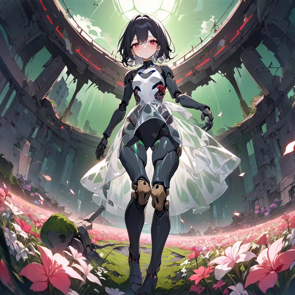 1girl, 20yo、black hair, red eyes, skeleton body, Vinyl Translucent dress、Bones visible, moss on body、robot joints:1.3、evening、red light、Ruins, flower field, high-resolution image, leotard, see-through,android, joints, robot joints, dynamic pose、fisheye lens、green sky、foot focuASTERPIECE, BEST QUALITY, HIGH QUALITY, 
HIGHRES, ABSURDRES, PERFECT COMPOSITION,
INTRICATE DETAILS, ULTRA-DETAILED,
PERFECT FACE, PERFECT EYES,
NEWEST, AESTHETIC,