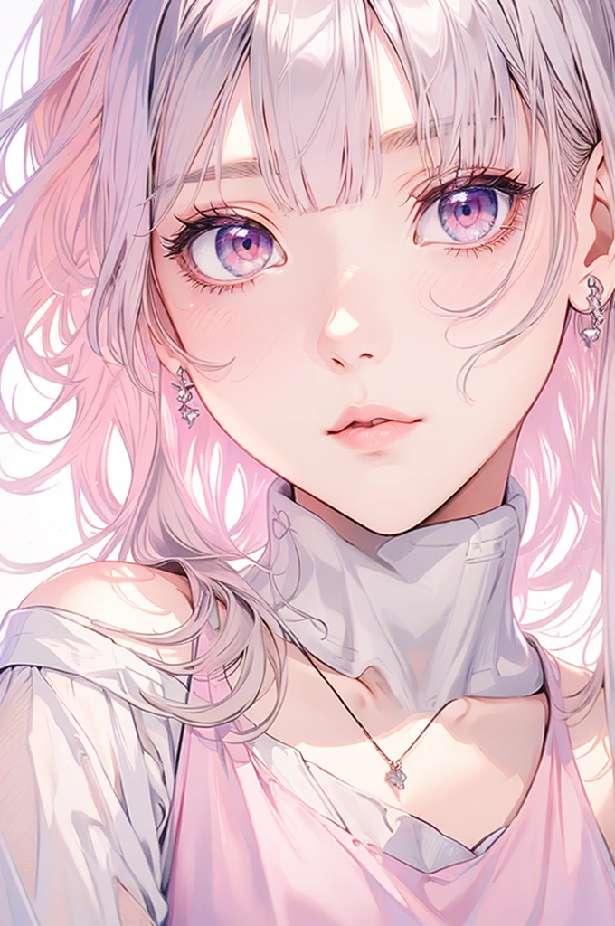 masterpiece, Highest quality, Pixiv, Cool girl, Dark pink brown hair, Curly Hair, Blunt bangs, Straight bangs, Grey Eyes, White skin,,Off-the-shoulder white T-shirt、 Improve、Face close-up、Midnight starry sky background