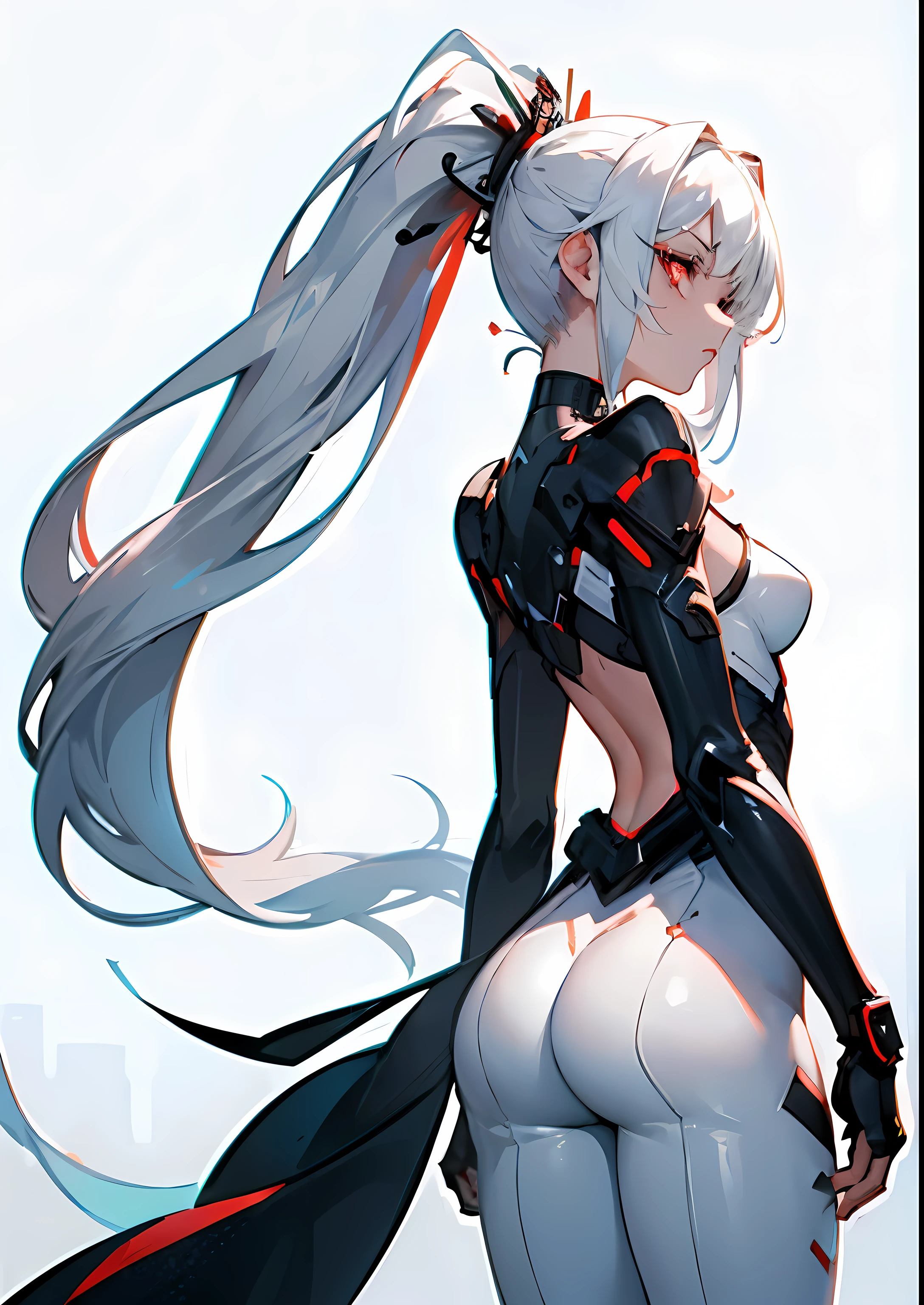 ((masterpiece:1.4, best quality:1.2)), 1girl, solo focus, tall female, delicate face, stern expression, extremely detailed anime face and eyes, beautiful white armor, hourglass figure, white hair, gradient hair, very long hair, ponytail, red eyes, glowing eyes, cyberwear on face, holding plasma katana, striking, futuristic setting, white background, profile, medium sized ass and small waist, perfect body proportions, from behind