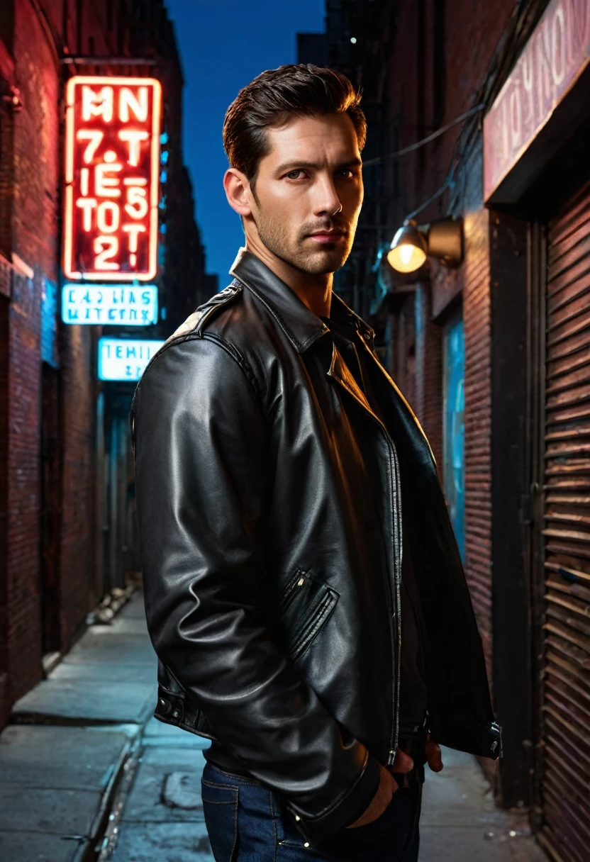 1 male, 32 years old, undercover, detective, alley, new york, leather jacket, at night, neon sign light, deep shadow, photorealistic