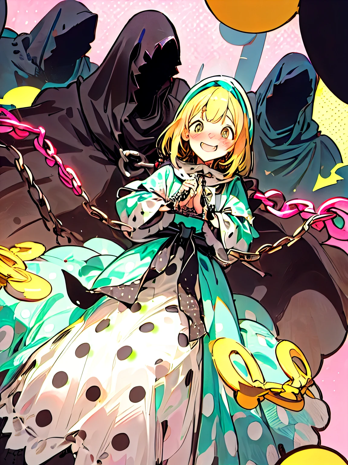 dutch angle,(black Alice in Wonderland),((nazgul)),robes, narrow waist, chains around forearms, chain around waist、(A vibrant and lively background:1.2),(Pop and cute polka dot pattern:1.45)),((You are the main character!:1.2)),(Beautiful images:1.15),(high quality:1.15),((Perfect graphics:1.15)),Big smile,(blush、Embarrassed laugh:1.25),(white、pink、cream、black、yellow,mint)