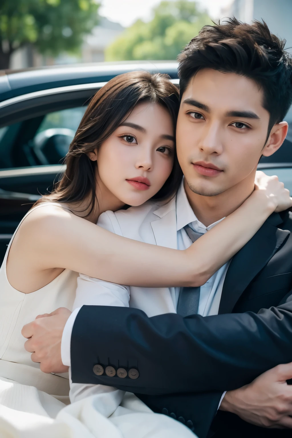 Handsome mixed race boy,mature grain,Strong build,There is a luxury car next to it,Boy holding flowers and ring,Hug with a beautiful woman