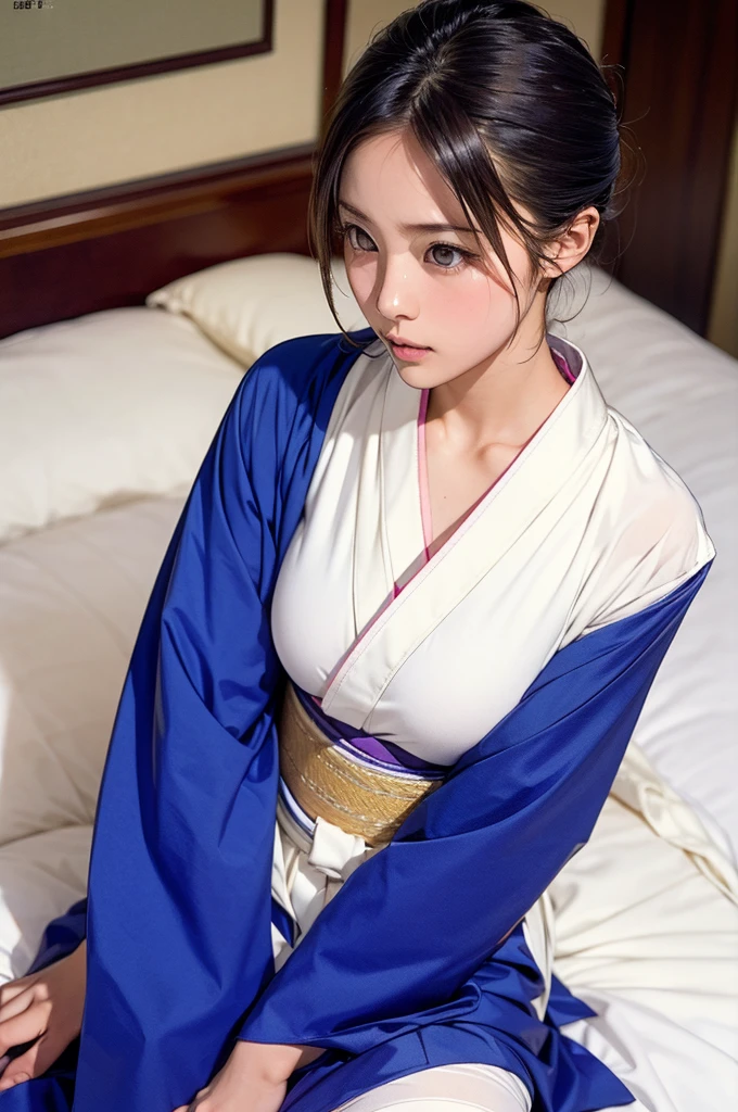 a close up of a woman in a dress sitting on a bed, In kimono, Elegant Japan Woman, In kimono, Japanese Model, wear Kimono, Elegant yukata, Beautiful Japanese Women, A sophisticated gravure idol, Yoshitomo Nara,  wear Kimono,