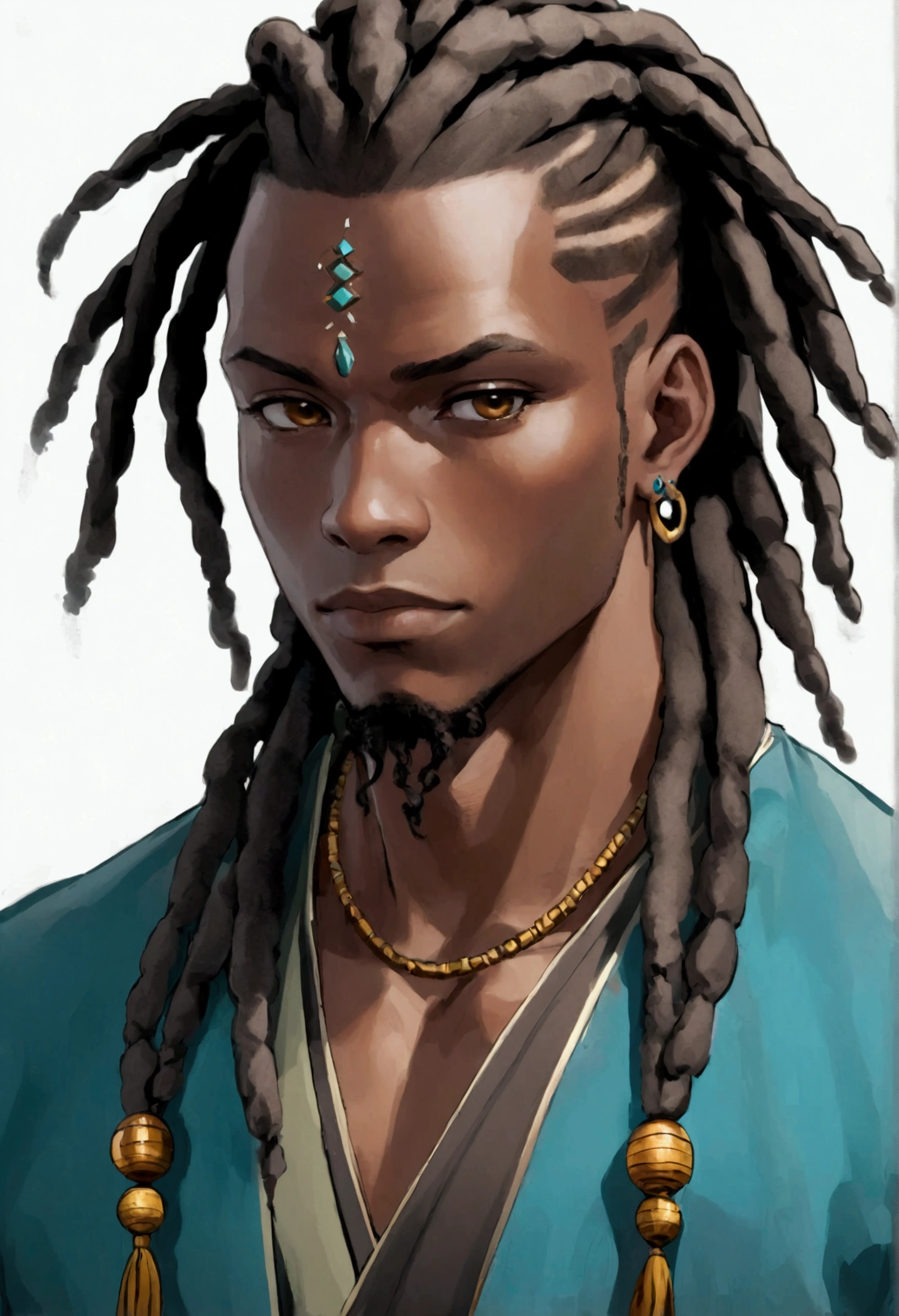 Garçon africain tout le corps dans un style anime:1.2, Façonné avec force et ongles pointus, Porter une pulle americain marron et un pantalon noir, Dans un environnement sombre avec un contraste élevé. visage doux, Dreadlocks bleu clair sur un coté, style dreadlock cheveux attaché en chignon latéral., homme adulte âgé de 28ans , Il n’y a pas de marques sur le visage
