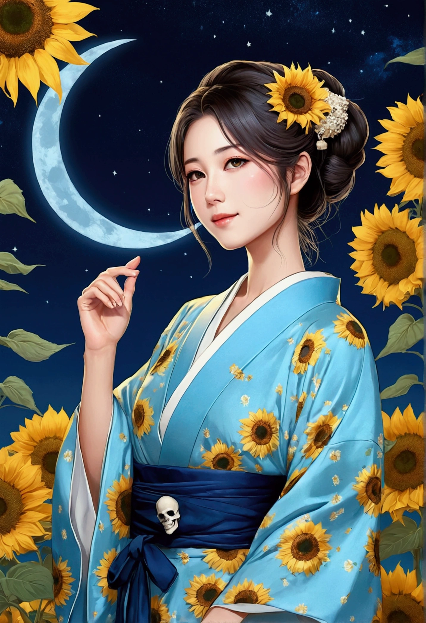 Big light blue crescent moon Mizuki Shigeru style illustration Light blue kimono with skull pattern Very beautiful Japanese women Night Sky Lots of sunflowers Night SkyとLots of sunflowers Best Image Highest quality spiritual Spiritual world A soft smile nature blue Moon