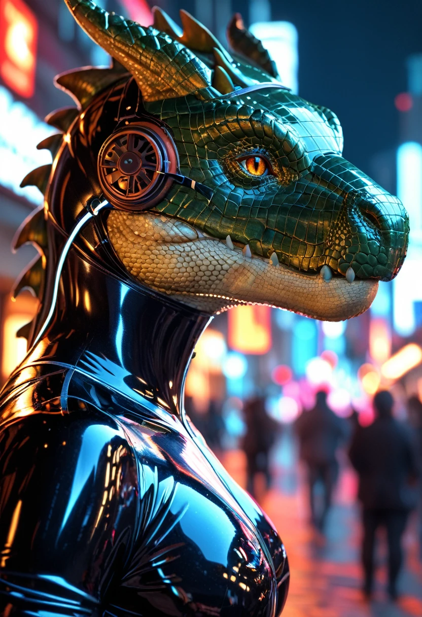 realistic, Highest quality, Highest quality, masterpiece, Ultra-high resolution, Detailed Background, Absurd, Cyber City, Perfect Anatomy, performance, Good lighting, Shadows in the movies(kemono, Furry Personifi猫ion), Lizardman, Rubber Suit, Rubber Body, Full Head Mask, The head is covered in rubber, Rubber Head, Vibrant colors, Dynamic Lighting