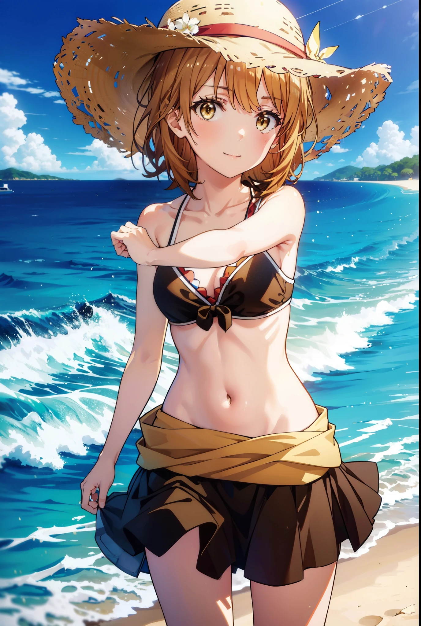 Irohaisshiki, isshiki iroha, short hair, Brown Hair, (Brown eyes:1.5),clavicle,smile,Straw hat,Bikini Swimwear,A long, thin skirt wrapped around the waist,belly on,abdomen, Dancer, gold belly Dancer,whole bodyがイラストに入るように,Stroll along the sandy beach,
break outdoors, Beach,
break looking at viewer, whole body,(Cowboy Shot:1. 5)
break (masterpiece:1.2), Highest quality, High resolution, unity 8k wallpaper,, (shape:0.8), (Beautiful attention to detail:1.6), Highly detailed face, Perfect lighting, Highly detailed CG, (Perfect hands, Perfect Anatomy),