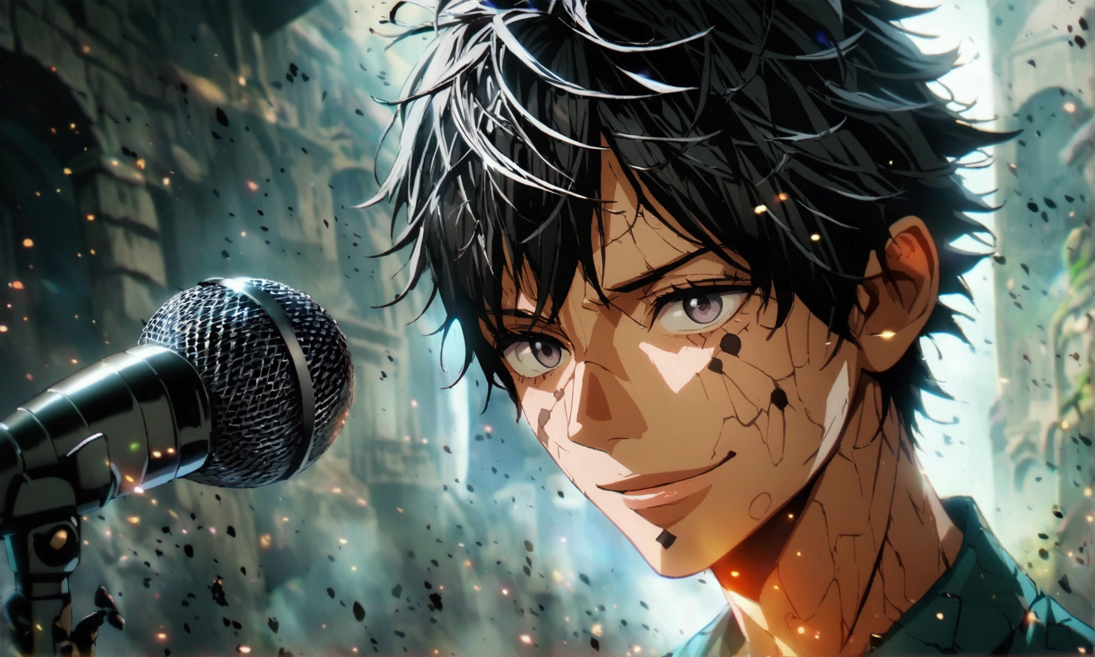 Young man, gray eyes, neat short hair, metallic neck, social presenter outfit, captivating smile, holding a microphone, "Anime character design inspired by One Piece, full of dramatic and impressive lighting, focus on the centralized character, impressive face, full of creative details, 4K ultra-fine design, scenery bathed in creativity, boasting 2D anime resolution clarity, HD anime graphics, high-octane rendering"