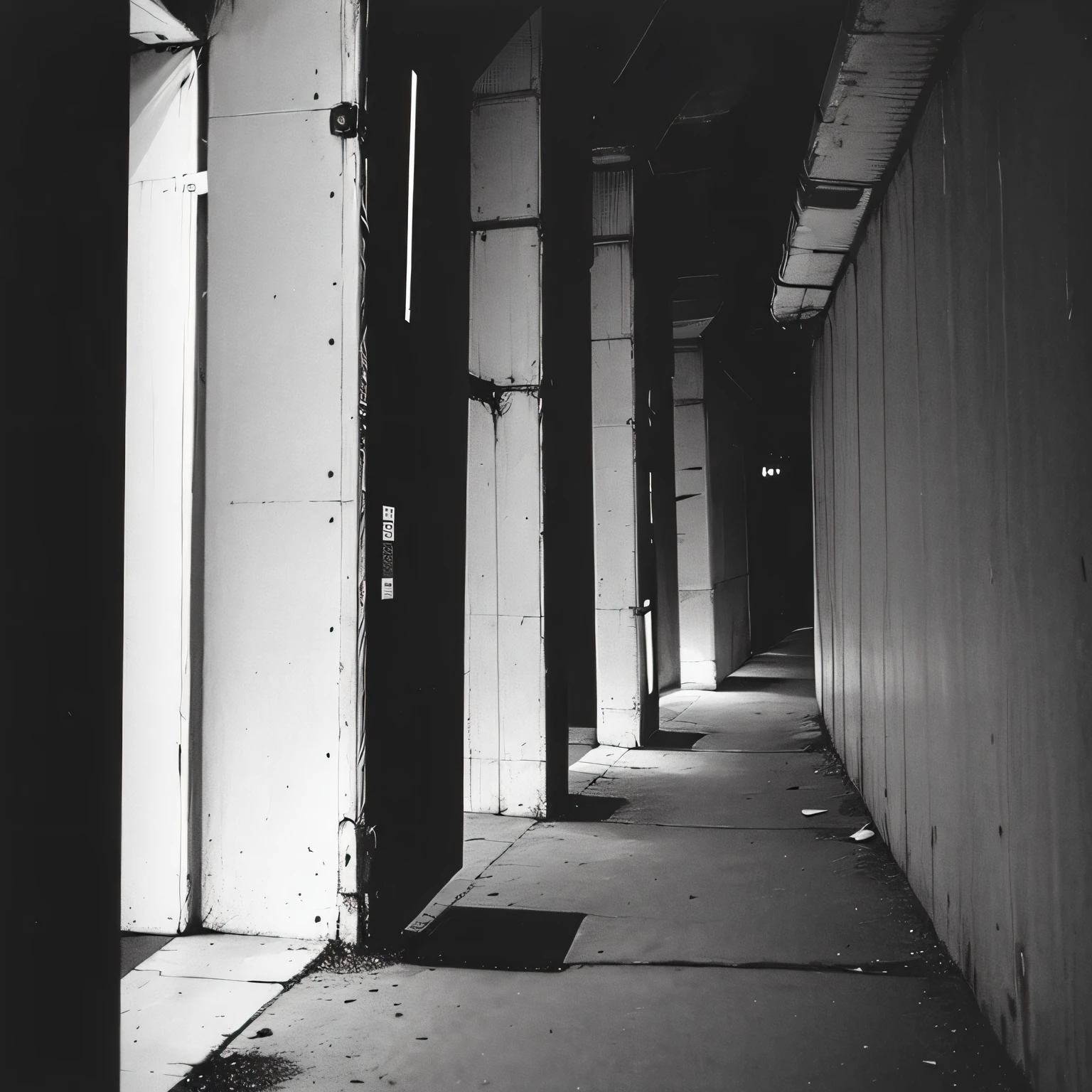 Alleyways of a lost and oversized city, wide shot, black and white